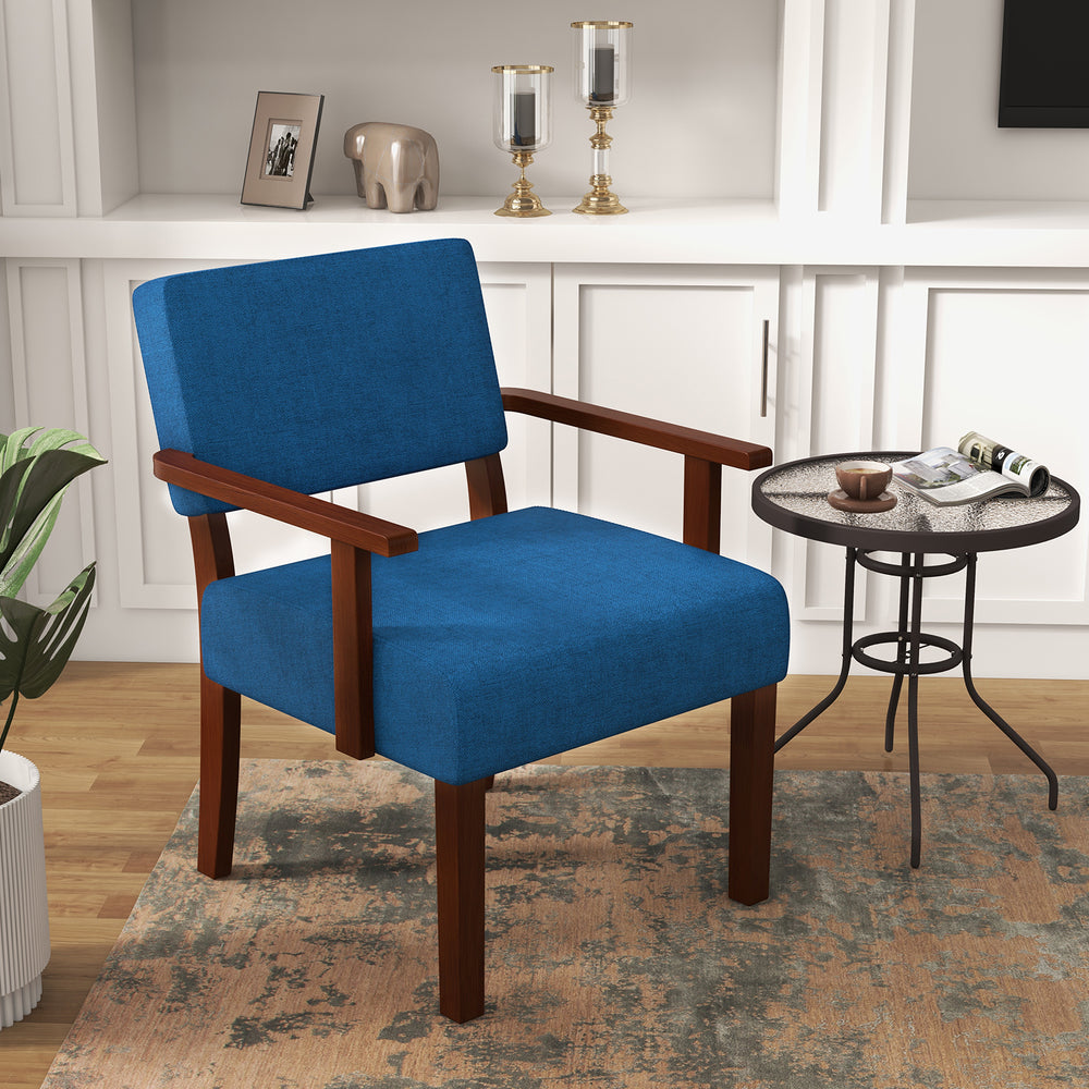 Blue linen accent chair with padded seat and backrest, featuring a solid rubber wood frame, ideal for living room decor.