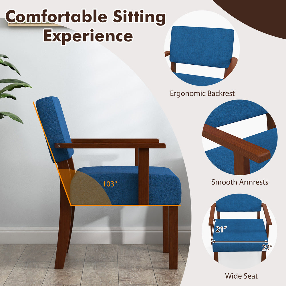 Blue linen accent chair showcasing ergonomic backrest, smooth armrests, and wide seat for comfortable living room.
