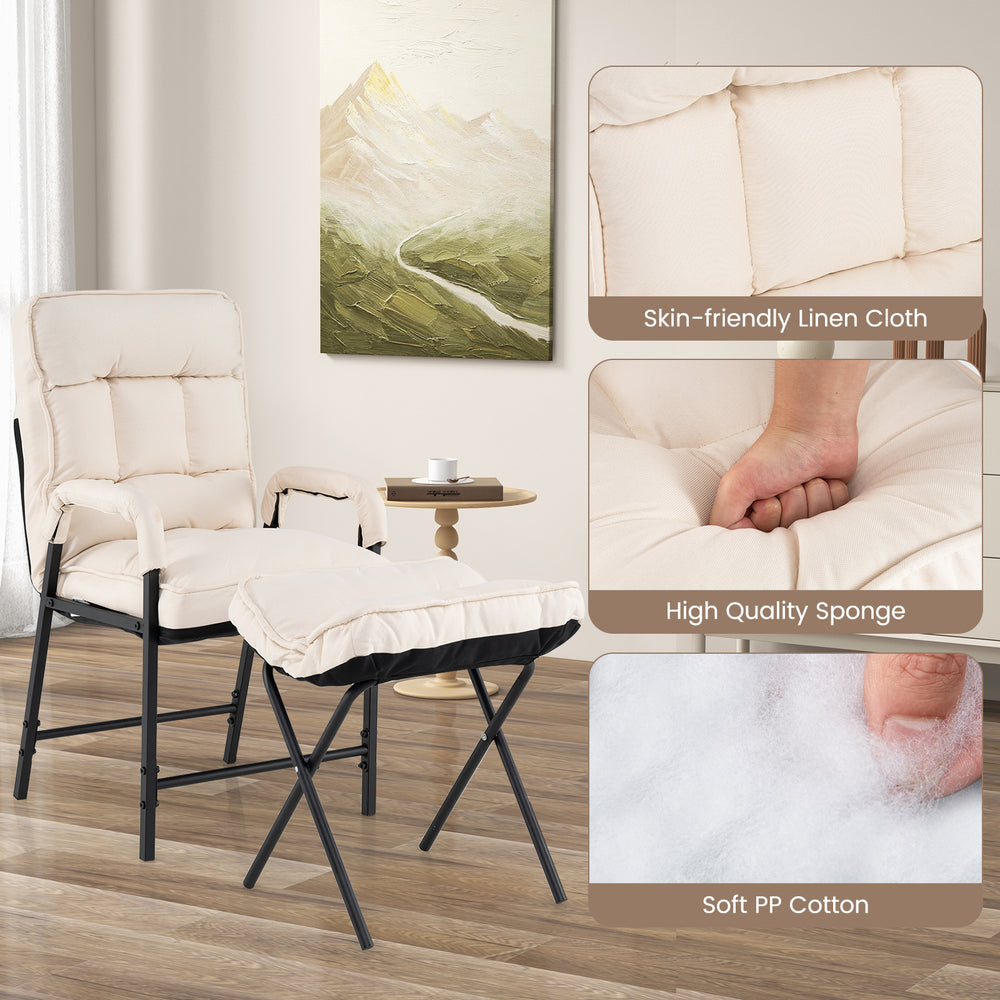 Beige linen fabric accent chair with adjustable backrest and foldable ottoman, perfect for living room relaxation.