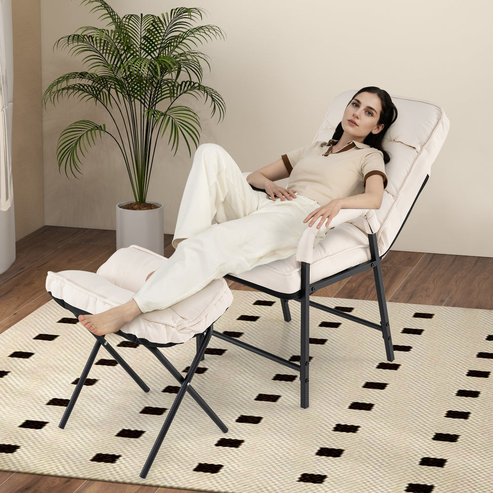 Beige linen fabric accent chair with adjustable backrest and footrest, ideal for comfortable lounging in any room.