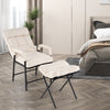 Beige linen fabric accent chair with adjustable backrest and foldable ottoman, perfect for living room or bedroom.