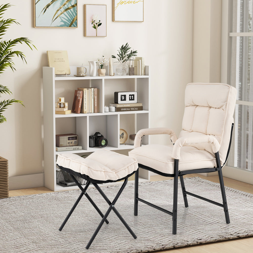 Beige linen fabric accent chair with ottoman in a cozy living room setup, perfect for reading, working, or napping.