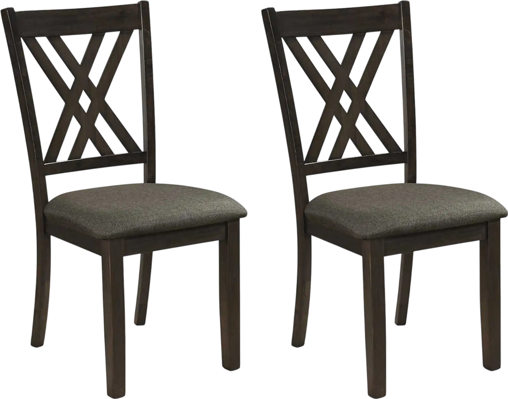 Set of 2 gray linen fabric upholstered wooden dining chairs with rubber wood frame and X-shaped backrest for comfort.