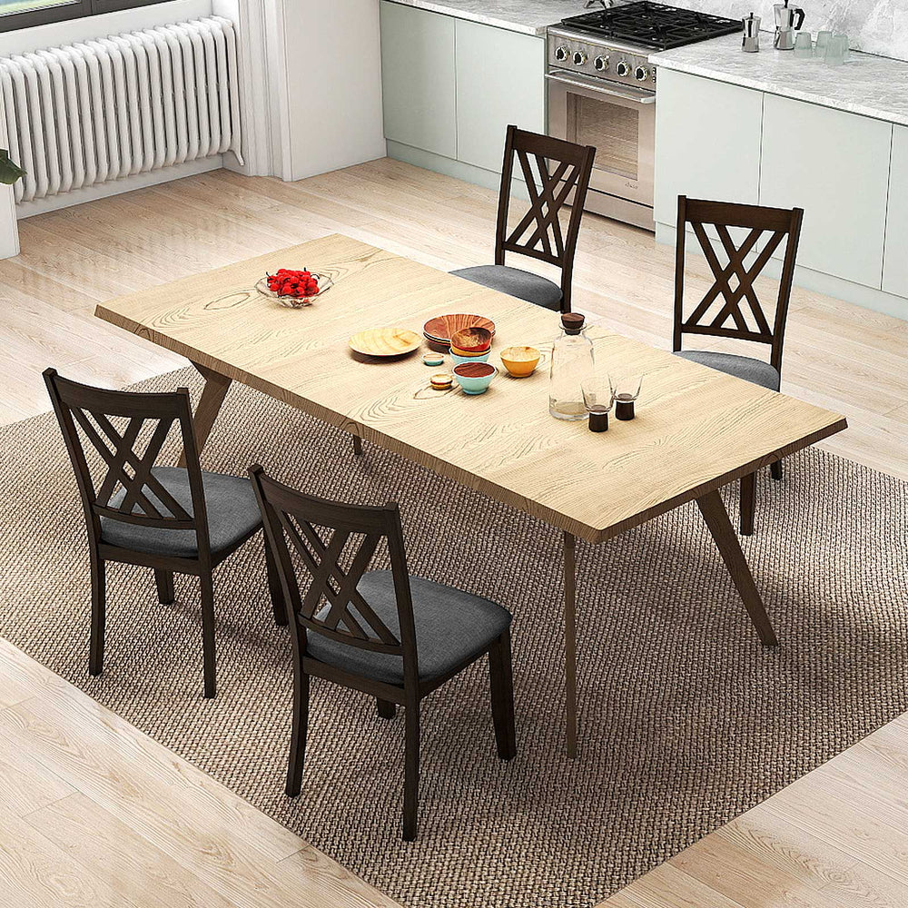 Gray linen fabric upholstered dining chairs with rubber wood frame, featuring X-shaped design for comfort and style.