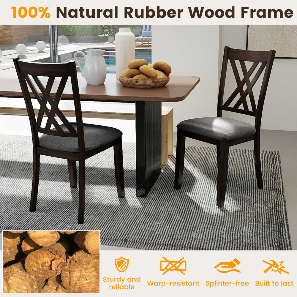 Gray linen fabric upholstered dining chairs with natural rubber wood frame, featuring X-shaped design for comfort and.