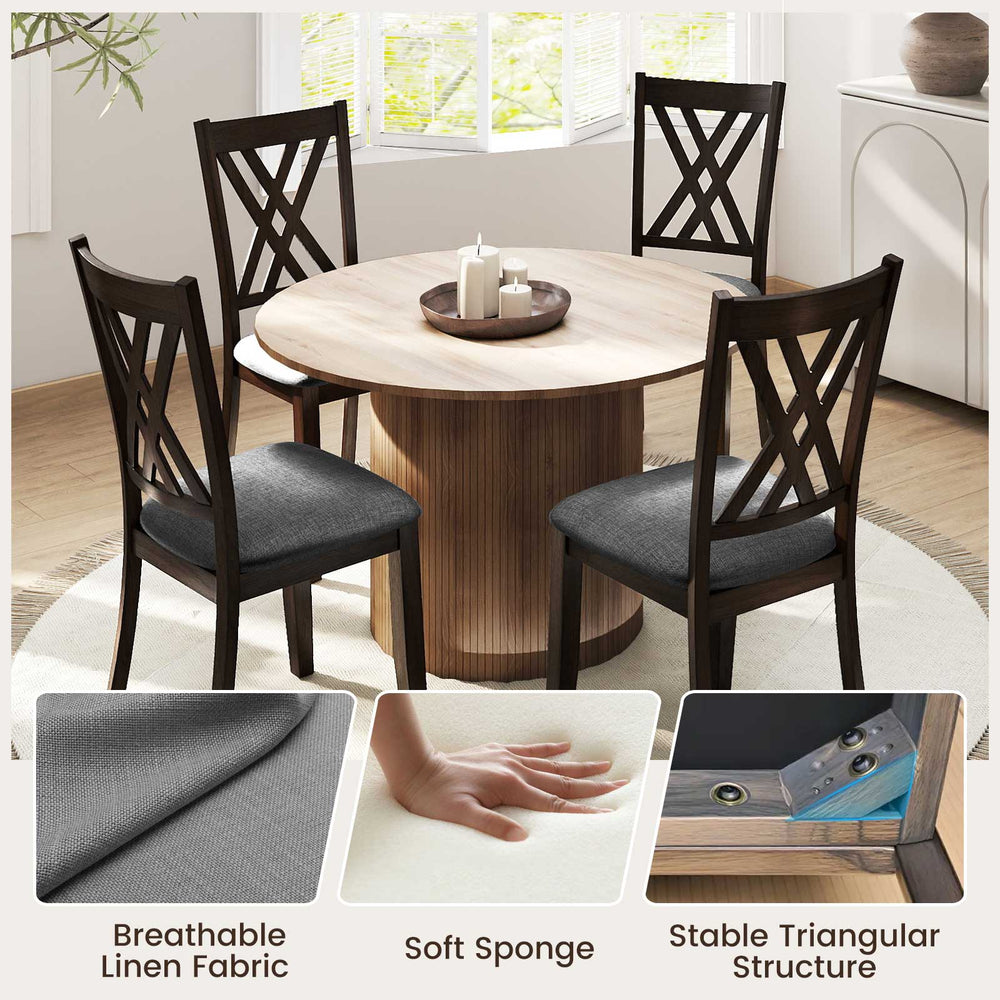 Gray linen fabric upholstered dining chairs with rubber wood frame, ergonomic high backrest, ideal for dining rooms.
