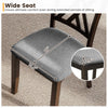 Wide seat of a gray linen fabric upholstered dining chair with rubber wood frame, designed for comfort and stability.