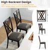 Set of two gray linen fabric upholstered dining chairs with ergonomic high backrest and rubber wood frame for comfort.