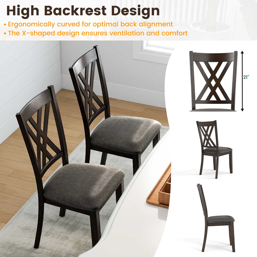 Set of two gray linen fabric upholstered dining chairs with ergonomic high backrest and rubber wood frame for comfort.