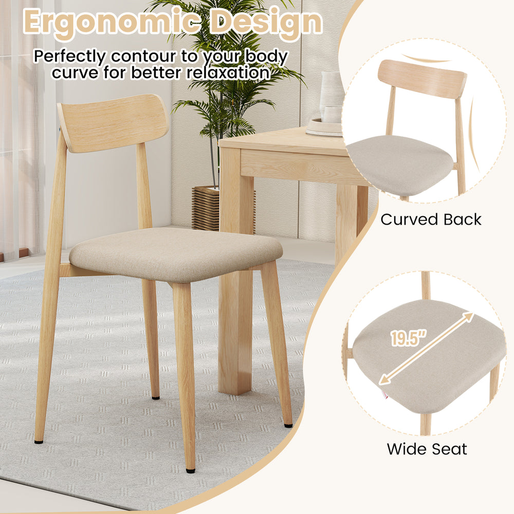 Curved back and wide seat of the linen fabric upholstered dining chair set, ideal for dining rooms and cafes.