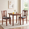 Cherry wood dining chairs with diamond lattice design and linen-style upholstery, perfect for kitchen or dining room.