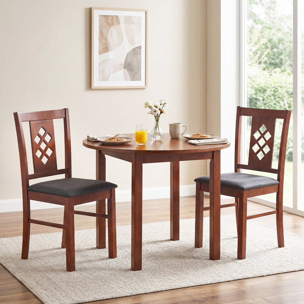 Cherry wood dining chairs with diamond lattice design and linen-style upholstery, perfect for kitchen or dining room.