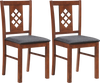 Set of 2 cherry wood kitchen chairs with diamond lattice design and linen-style upholstery for dining room comfort.
