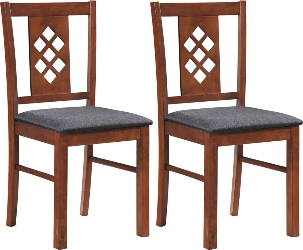 Set of 2 cherry wood kitchen chairs with diamond lattice design and linen-style upholstery for dining room comfort.