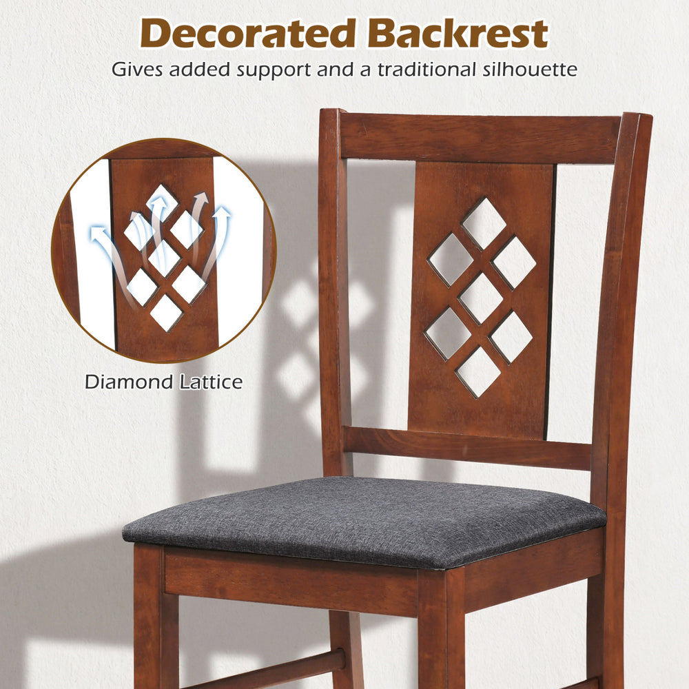 Linen-style upholstered kitchen chair with a diamond lattice backrest in cherry wood, ideal for dining rooms.