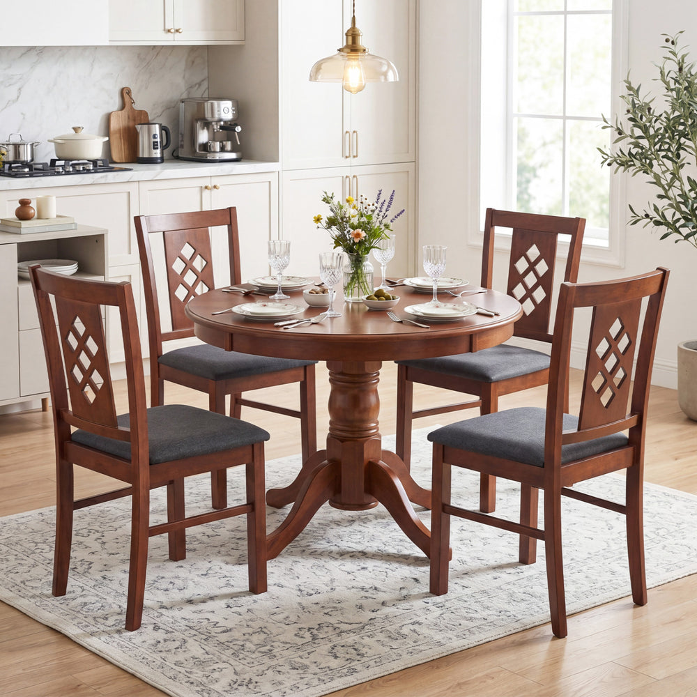 Round dining table set with four cherry wood chairs featuring diamond lattice design and linen-style upholstery.