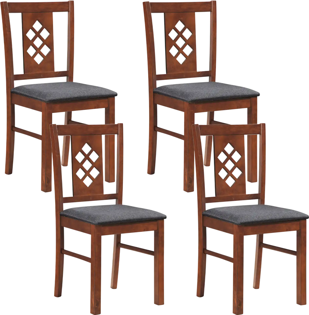 Set of 4 cherry wood kitchen chairs with diamond lattice design and linen-style upholstery for dining comfort.