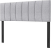 Gray linen upholstered headboard with solid wood legs, featuring vertical channel tufting for full and queen size beds.