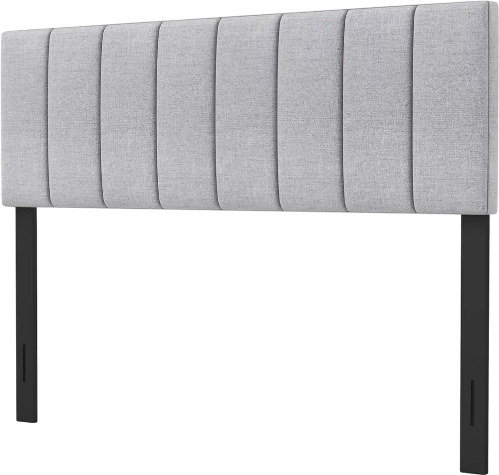 Gray linen upholstered headboard with solid wood legs, featuring vertical channel tufting for full and queen size beds.