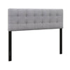 Gray linen upholstered headboard with button tufting and solid rubber wood legs, adjustable for full/queen size beds.