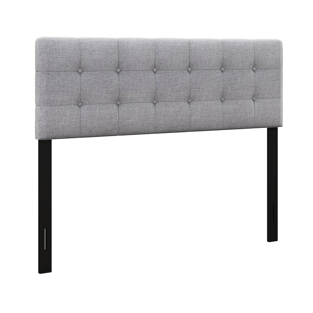 Gray linen upholstered headboard with button tufting and solid rubber wood legs, adjustable for full/queen size beds.