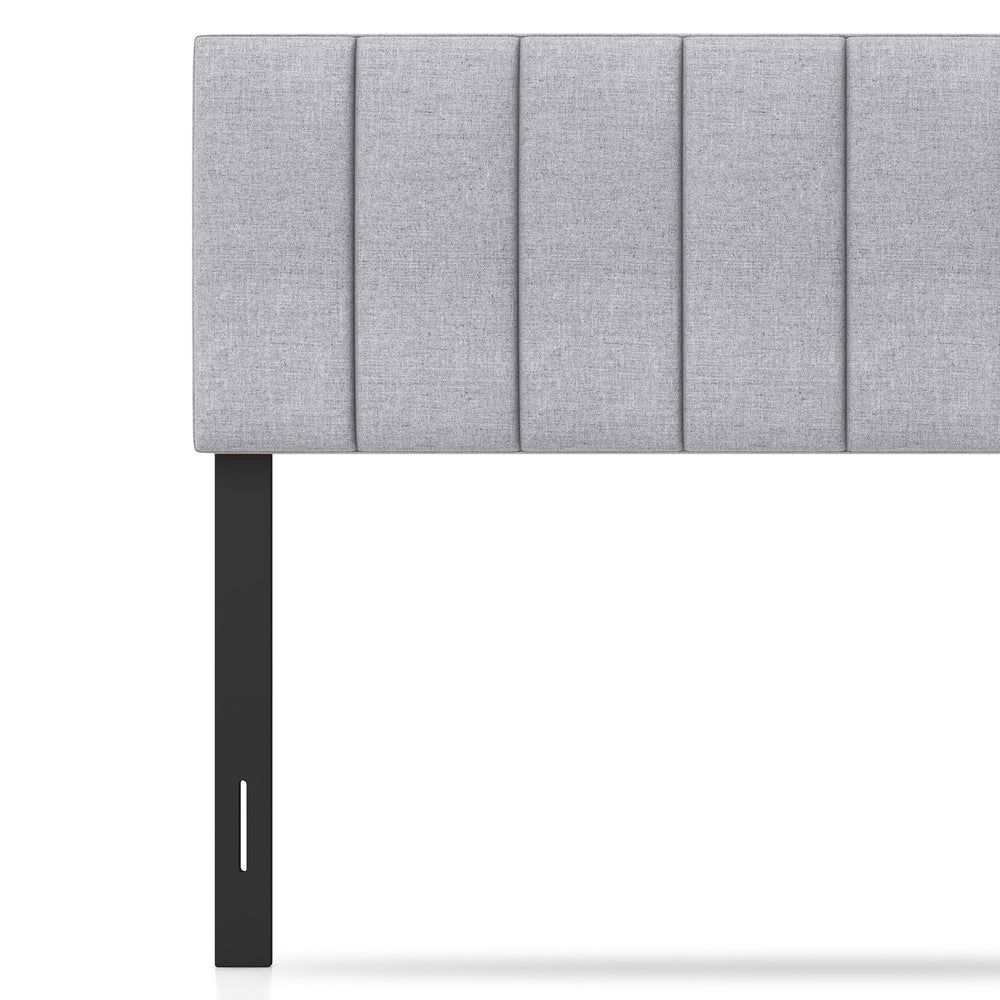 Gray linen upholstered headboard with solid wood legs, featuring vertical channel tufting for full or queen size beds.