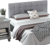 Linen upholstered headboard in gray with button tufting, adjustable for full/queen beds, featuring solid rubber wood.