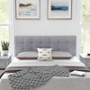 Gray linen upholstered headboard with button tufting for full/queen beds, featuring solid rubber wood legs for support.