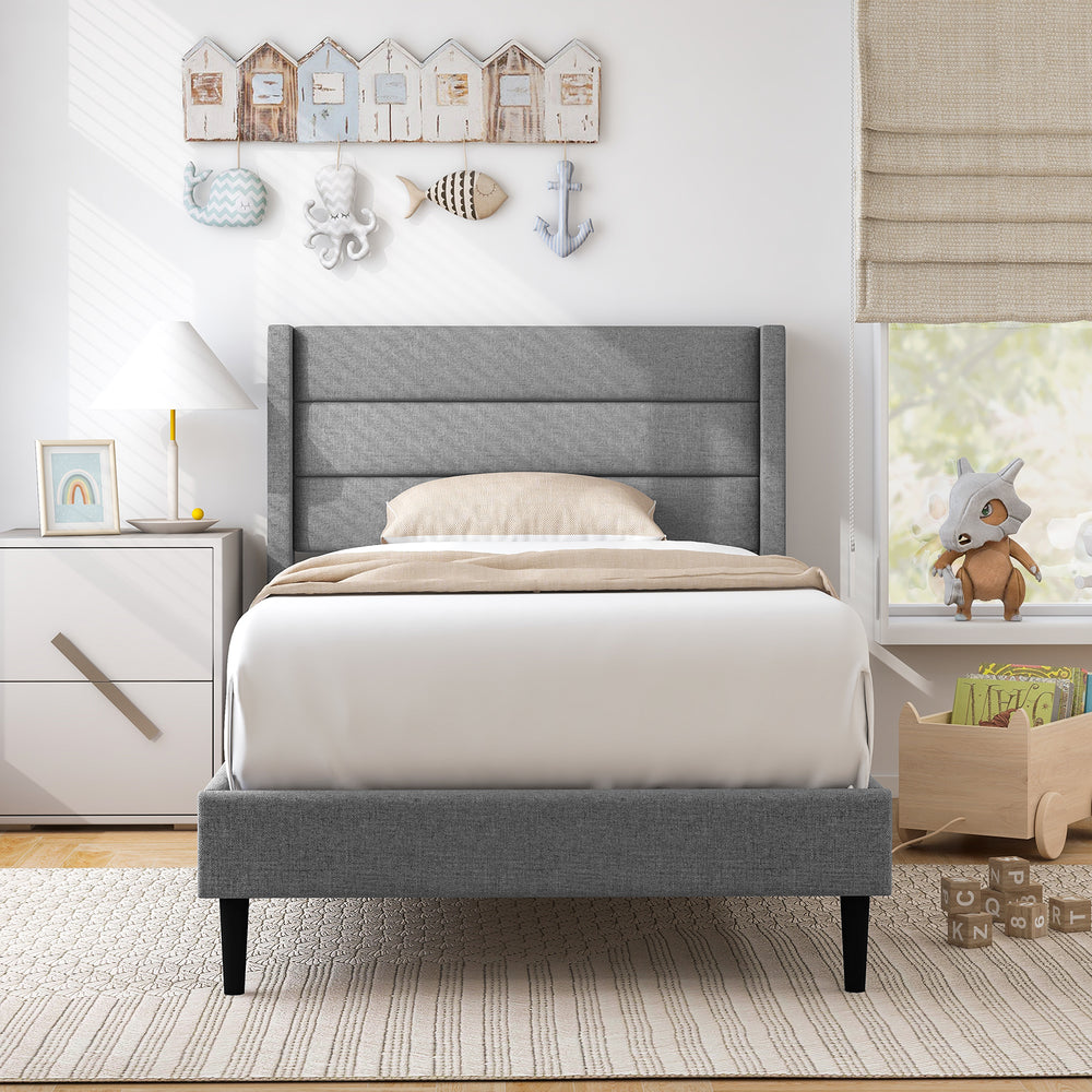 Linen Upholstered Platform Twin/Queen Bed Frame with Wingback Headboard-Twin Size - Gallery View 1 of 10