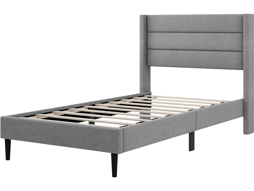 Twin size linen upholstered platform bed frame with wingback headboard and sturdy plywood slats for mattress support.