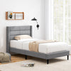Twin size linen upholstered platform bed frame with wingback headboard, featuring durable quilting and solid wood legs.