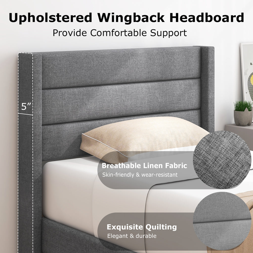 Upholstered wingback headboard in breathable linen fabric, featuring exquisite quilting for a stylish twin bed frame.