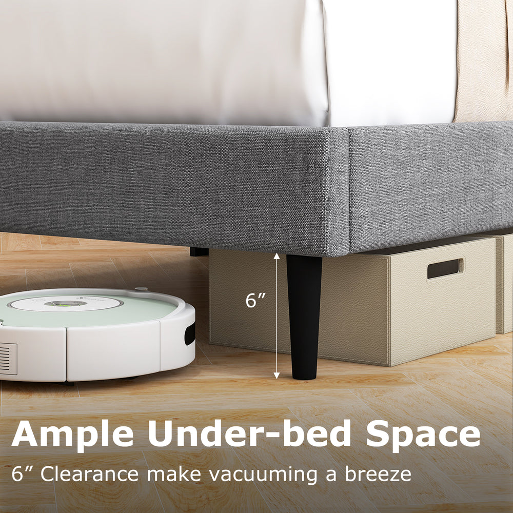 Linen upholstered twin/queen bed frame with 6" clearance for easy vacuuming and solid wood legs for support.