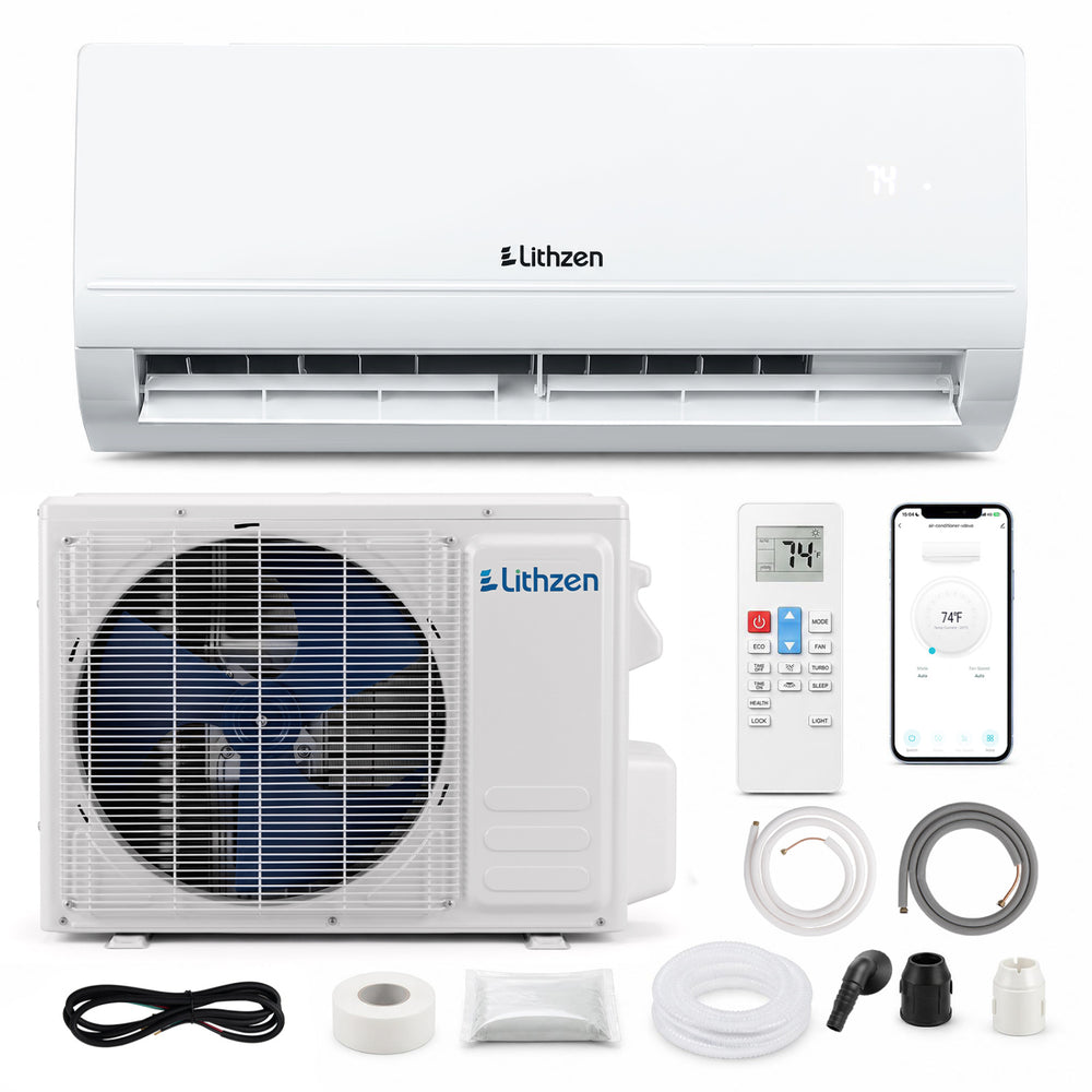 Lithzen 12000 BTU mini split air conditioner and heater with WiFi, remote, and 7 operating modes for year-round comfort.