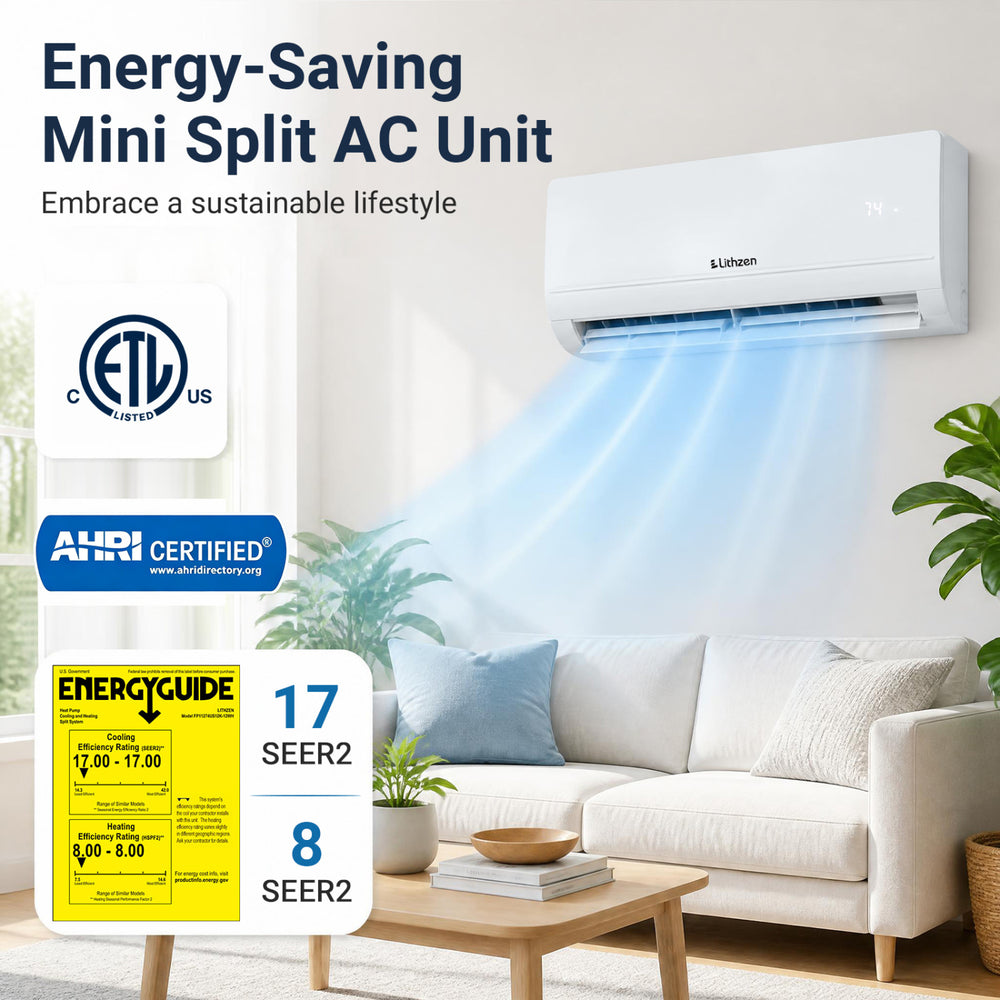 Lithzen 12000 BTU mini split AC unit with WiFi, 17 SEER2, offers powerful cooling and heating for year-round comfort.