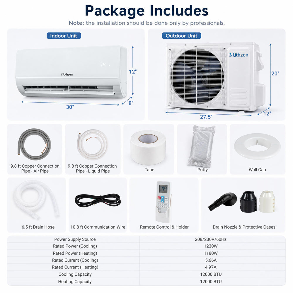 Lithzen 12000 BTU mini split air conditioner with WiFi, featuring 7 modes, inverter compressor, and quiet operation.