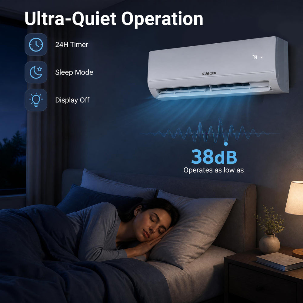Lithzen 18000 BTU mini split air conditioner with WiFi, featuring ultra-quiet operation at 38 dB for restful nights.