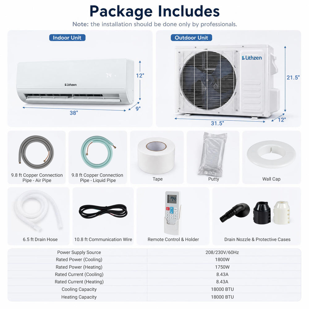 Lithzen 18000 BTU mini split air conditioner and heater with WiFi, featuring inverter technology and 7 operating modes.