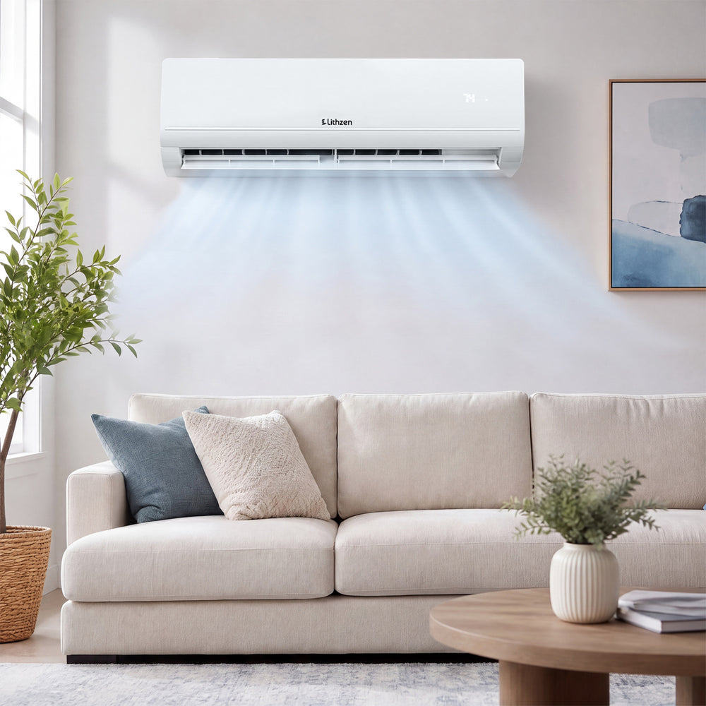 Lithzen 24000 BTU mini split air conditioner and heater with WiFi, featuring quiet operation and customizable airflow options.