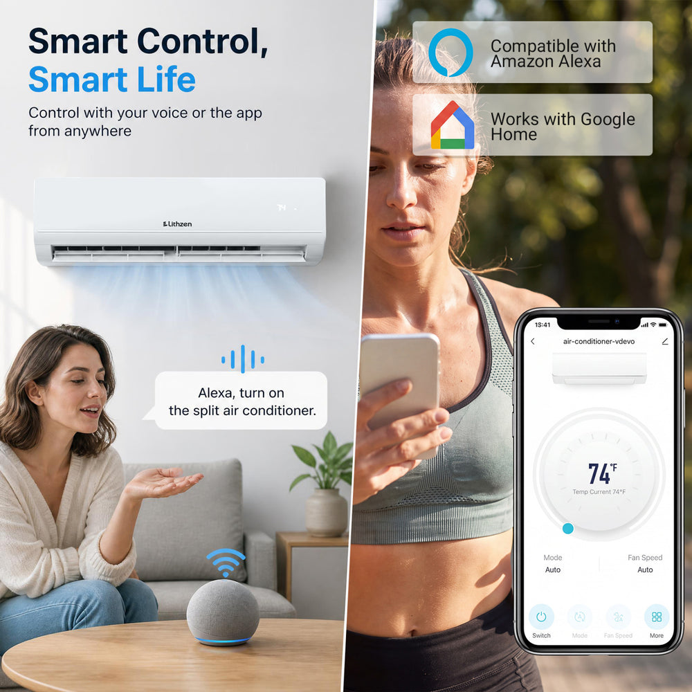 Lithzen 24000 BTU mini split air conditioner with WiFi, featuring quiet operation, customizable airflow, and energy-efficient heating.