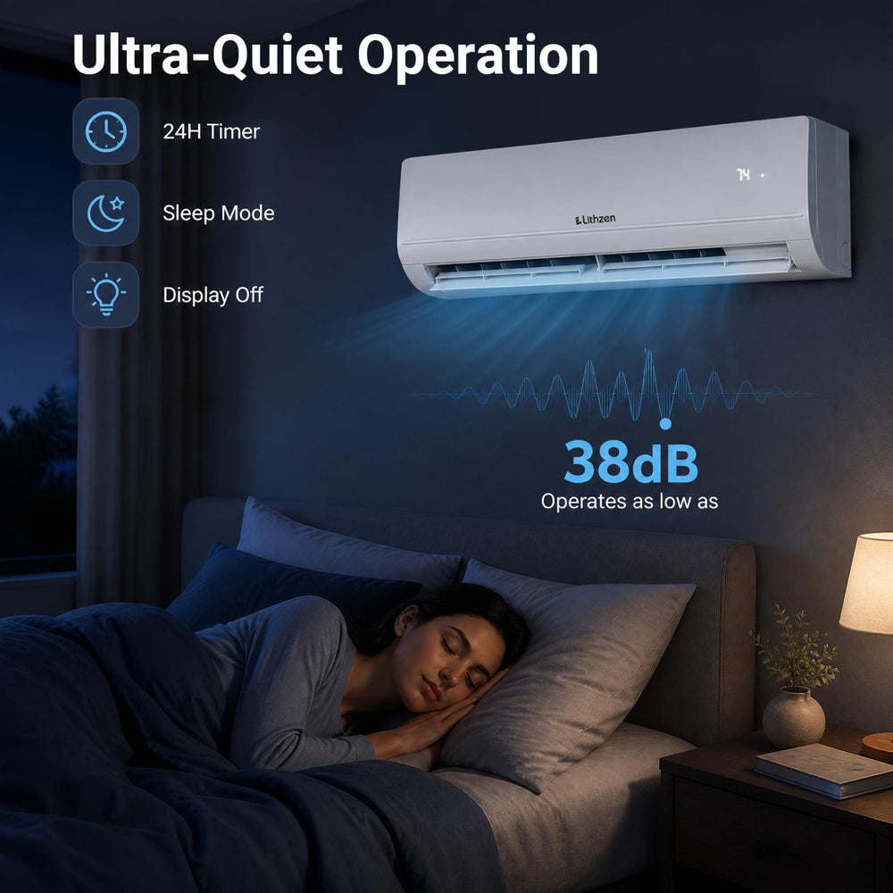 Lithzen 24000 BTU mini split air conditioner with WiFi, featuring ultra-quiet operation at 38 dB for restful nights.