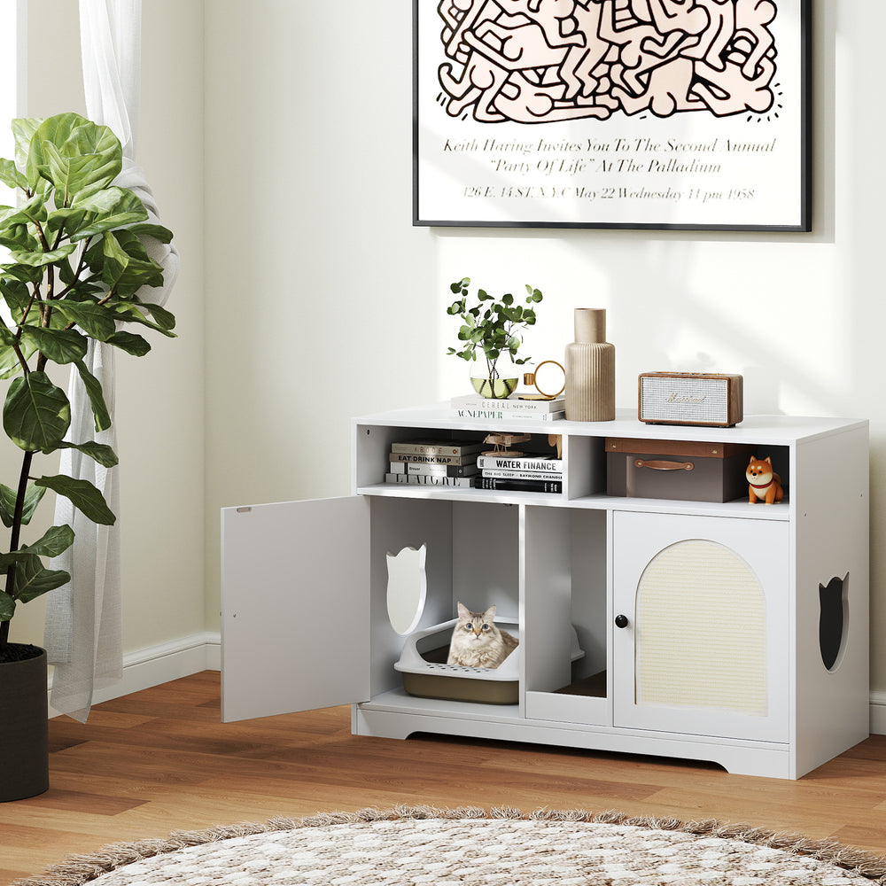 43-inch white cat litter box enclosure with storage, featuring double rooms and a large tabletop for stylish.