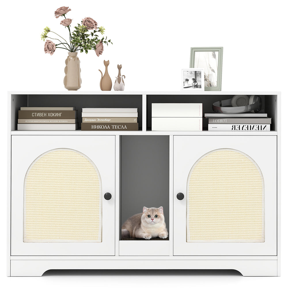 43-inch white cat litter box enclosure with double rooms, storage space, and a cozy design for pets and decor.
