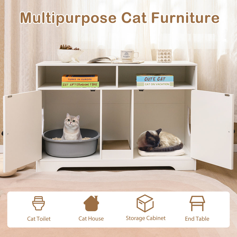 Multipurpose cat furniture featuring a white enclosure with double rooms, storage compartments, and a scratching board.