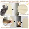 Cat scratching board and sisal mats in a 43-inch white litter box enclosure with storage for pets.
