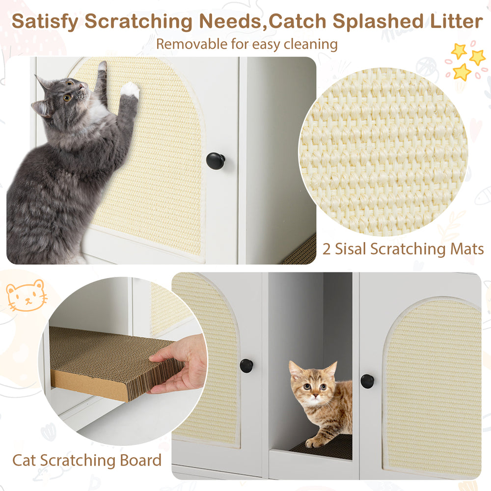 Cat scratching board and sisal mats in a 43-inch white litter box enclosure with storage for pets.