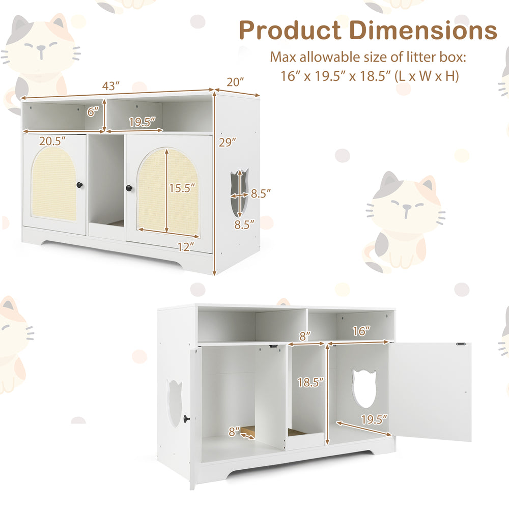 Dimensions of the 43-inch white cat litter box enclosure with storage, featuring double rooms and removable scratching.