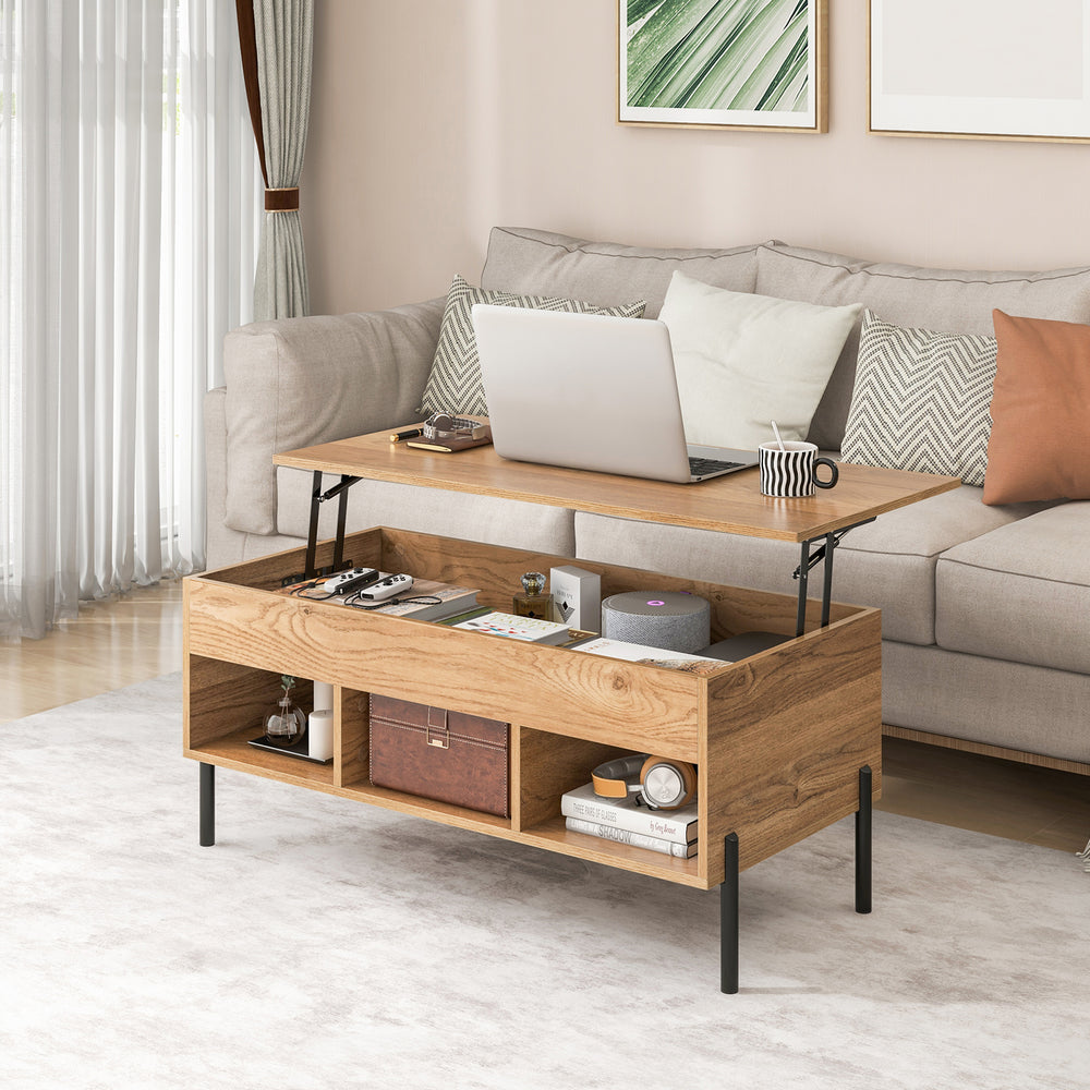Living room central table with lifting tabletop, natural wood finish, metal legs, and open cubbies for storage.