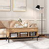 Living room central table with lifting tabletop, natural wood grain, and metal legs, ideal for work or tea.
