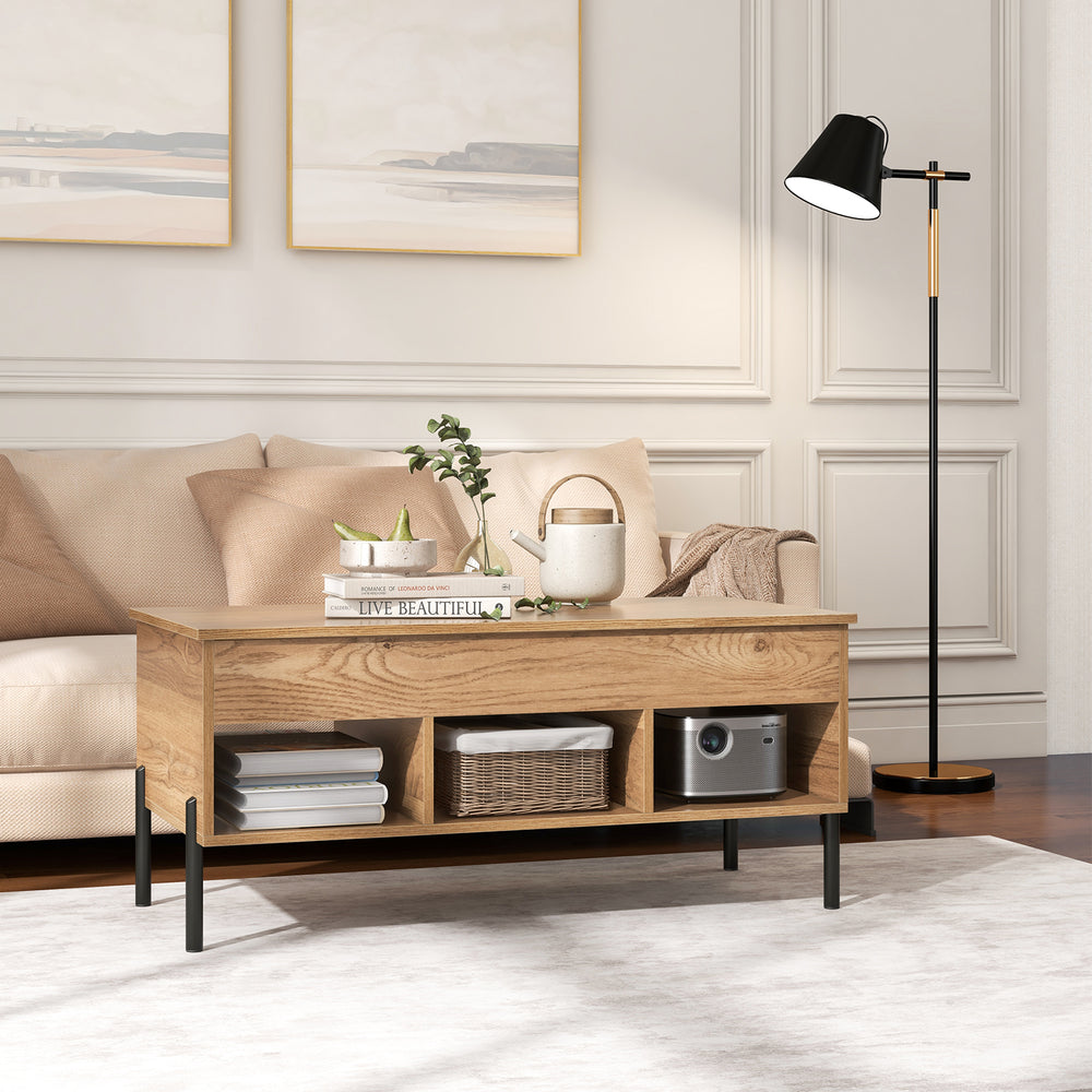 Living room central table with lifting tabletop, natural wood grain, and metal legs, ideal for work or tea.